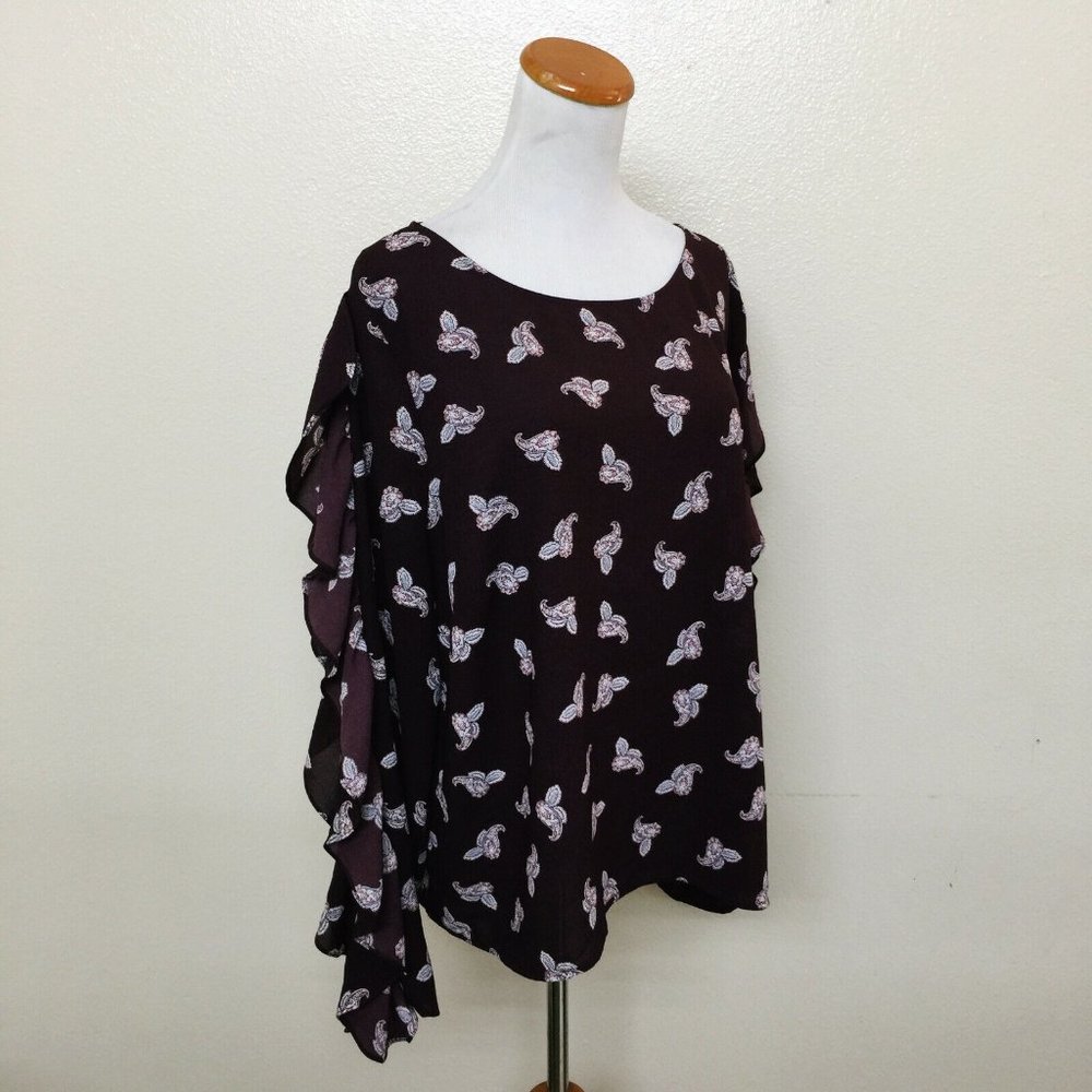 1.State Women's Paisley Petals Ruffle Slit Sleeve Top Crepe Blouse XXL Bateau - Picture 4 of 8